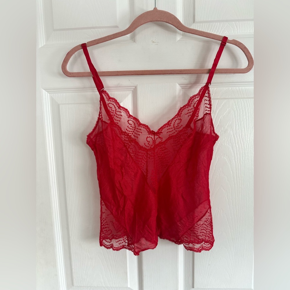 Vintage Warner’s Red Semi-Sheer Cami Nylon Lace Size 32 Sexy Lingerie EUC
